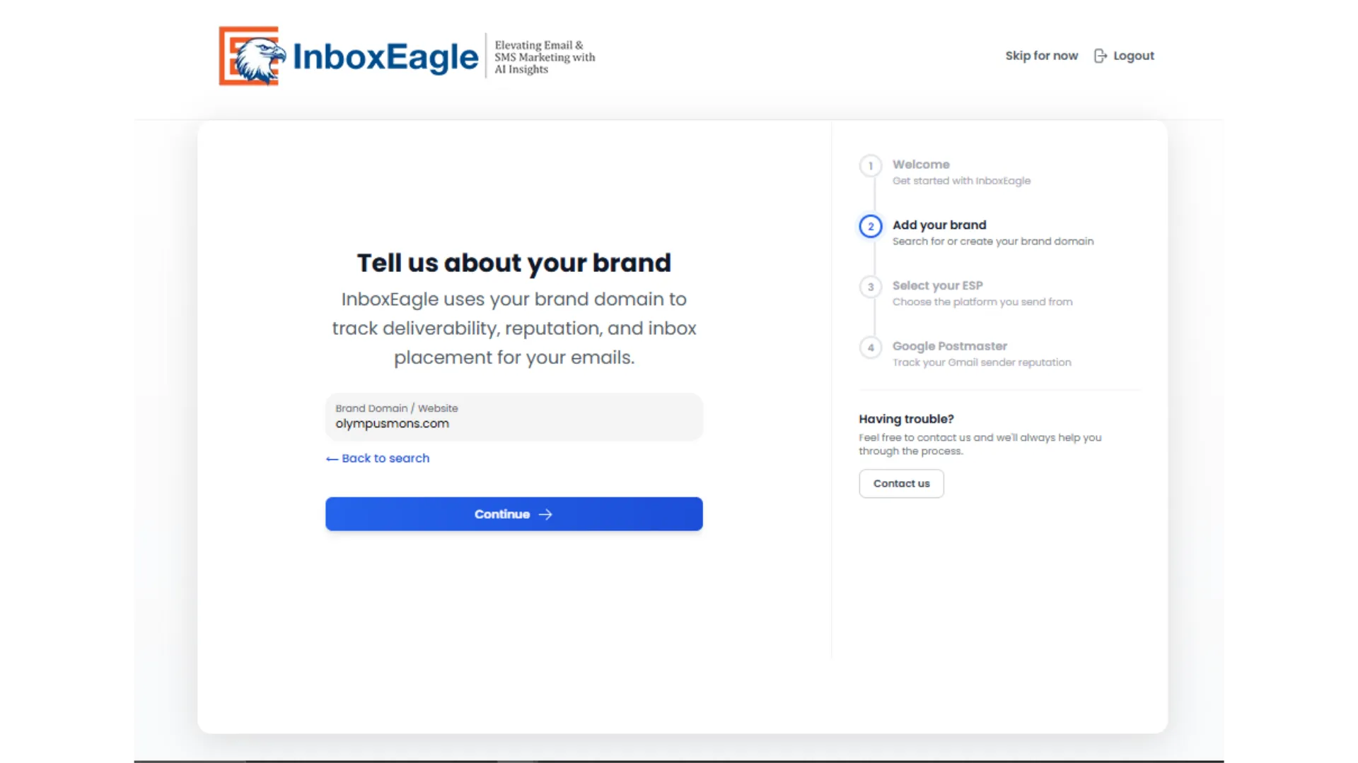 Add your brand screen with the brand domain field filled in