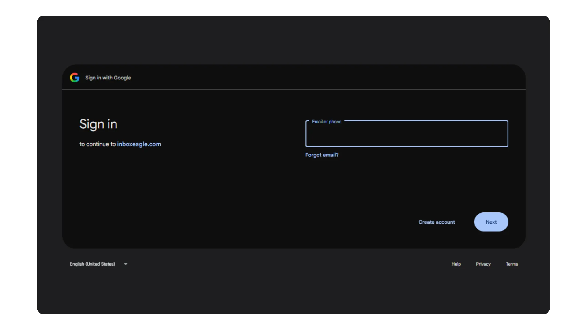 Google sign-in screen to continue to inboxeagle.com