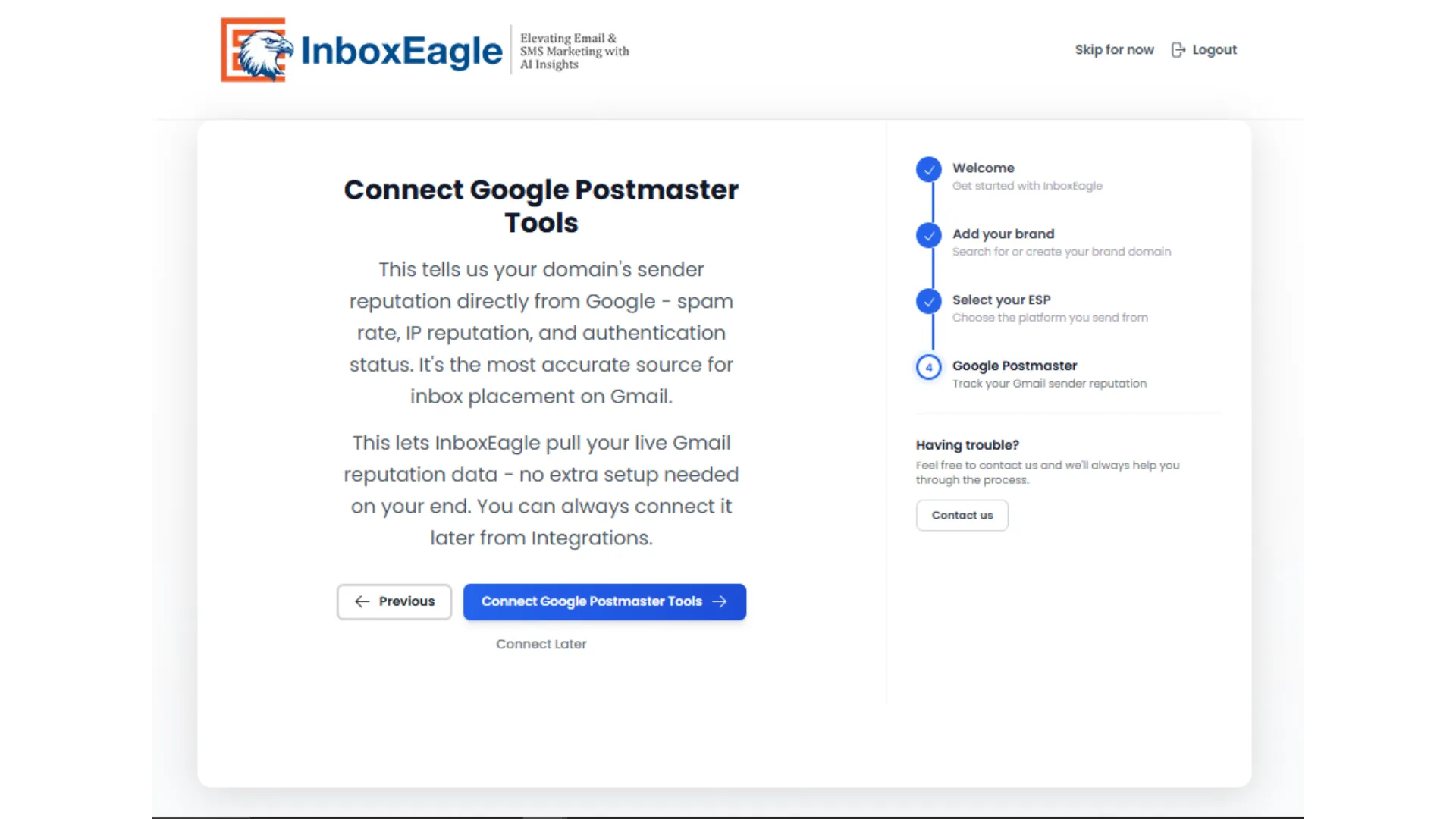 Connect Google Postmaster Tools screen