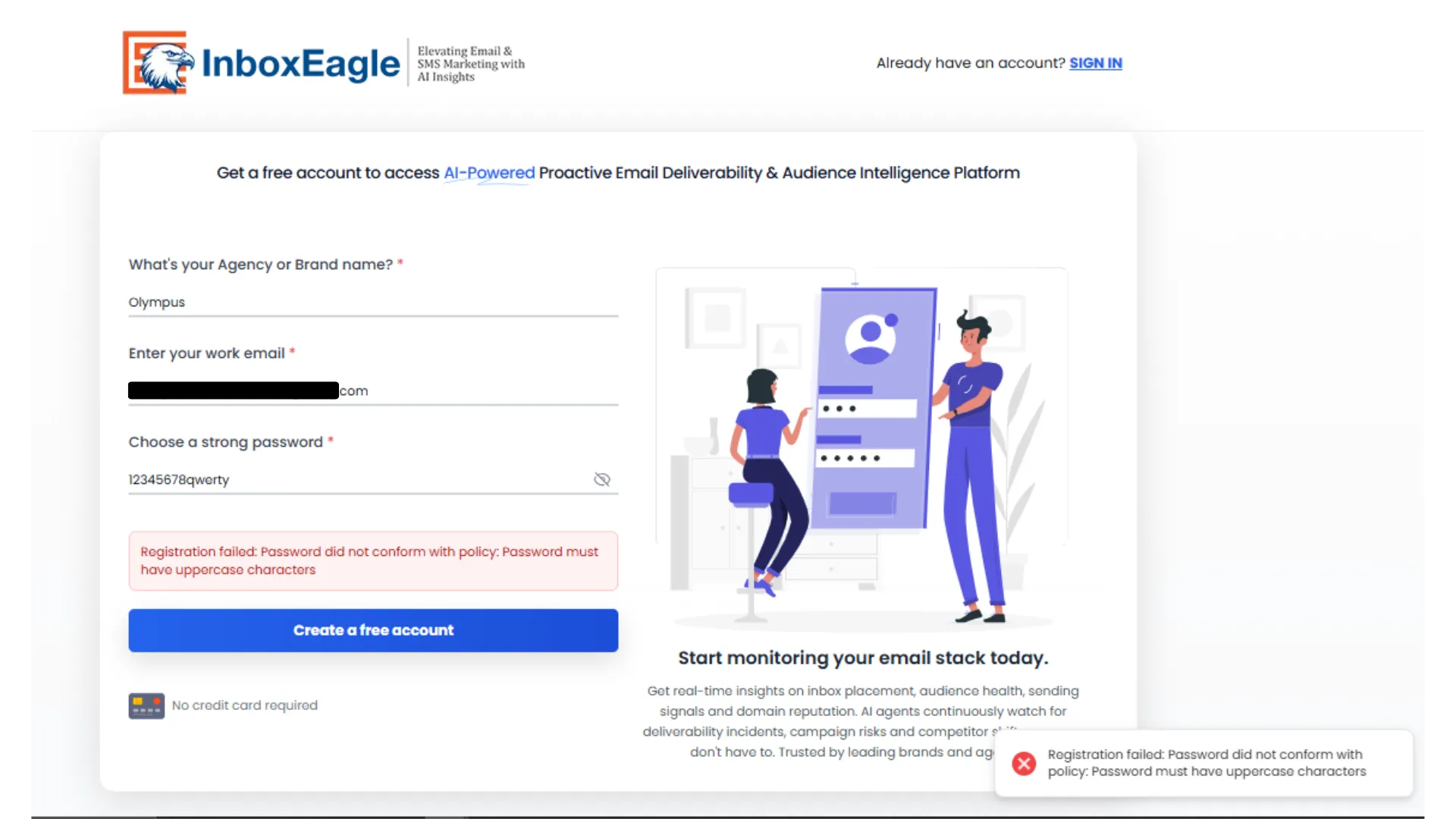 Register page showing a password policy validation error: password must have uppercase characters