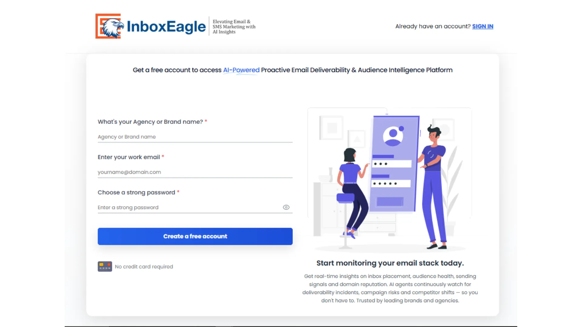 InboxEagle register page with Agency or Brand name, work email, and password fields
