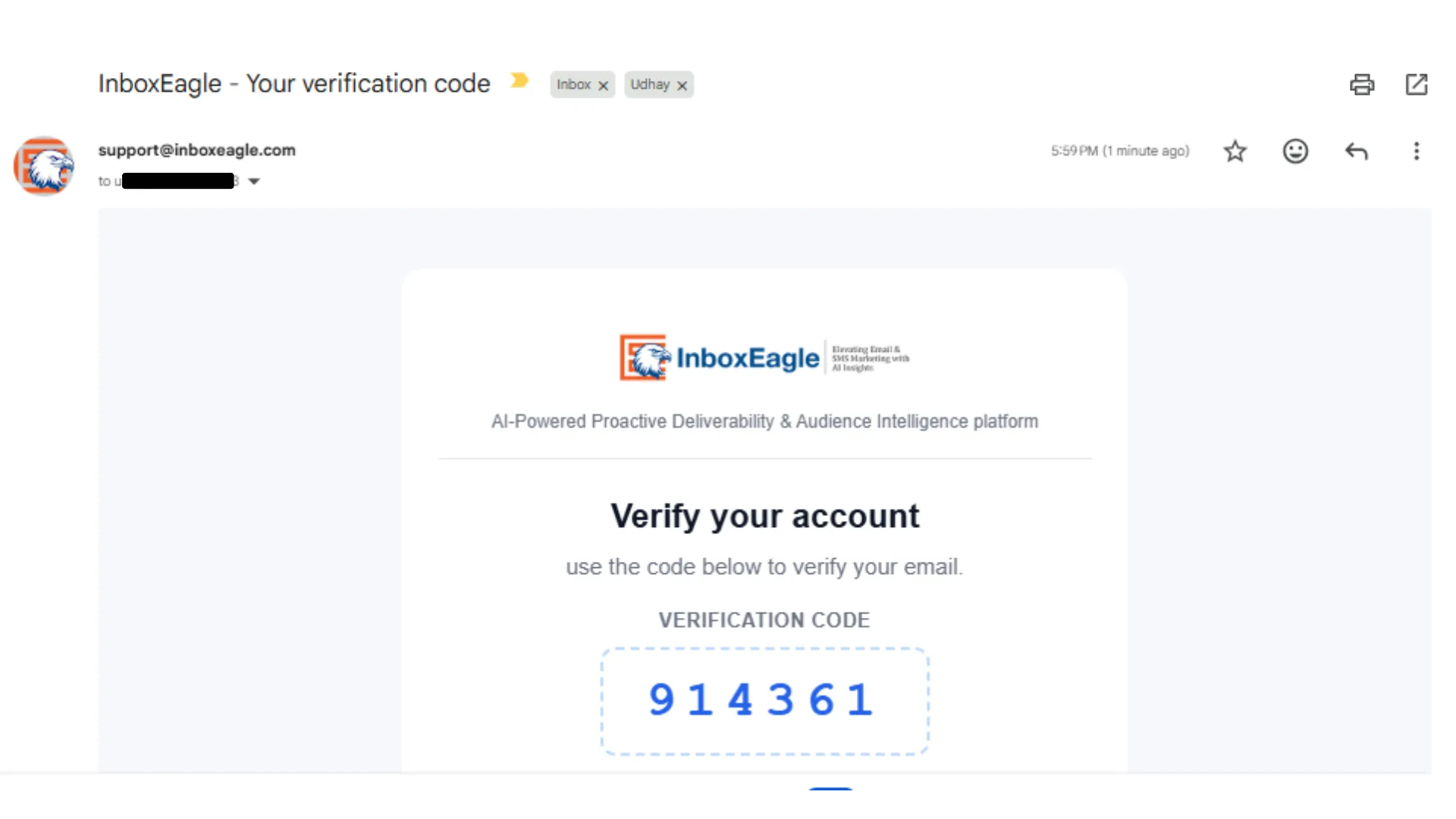 InboxEagle verification code email with a 6-digit code