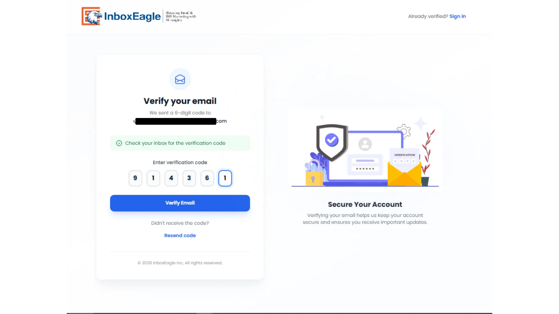 Verify your email screen with a 6-digit code entered