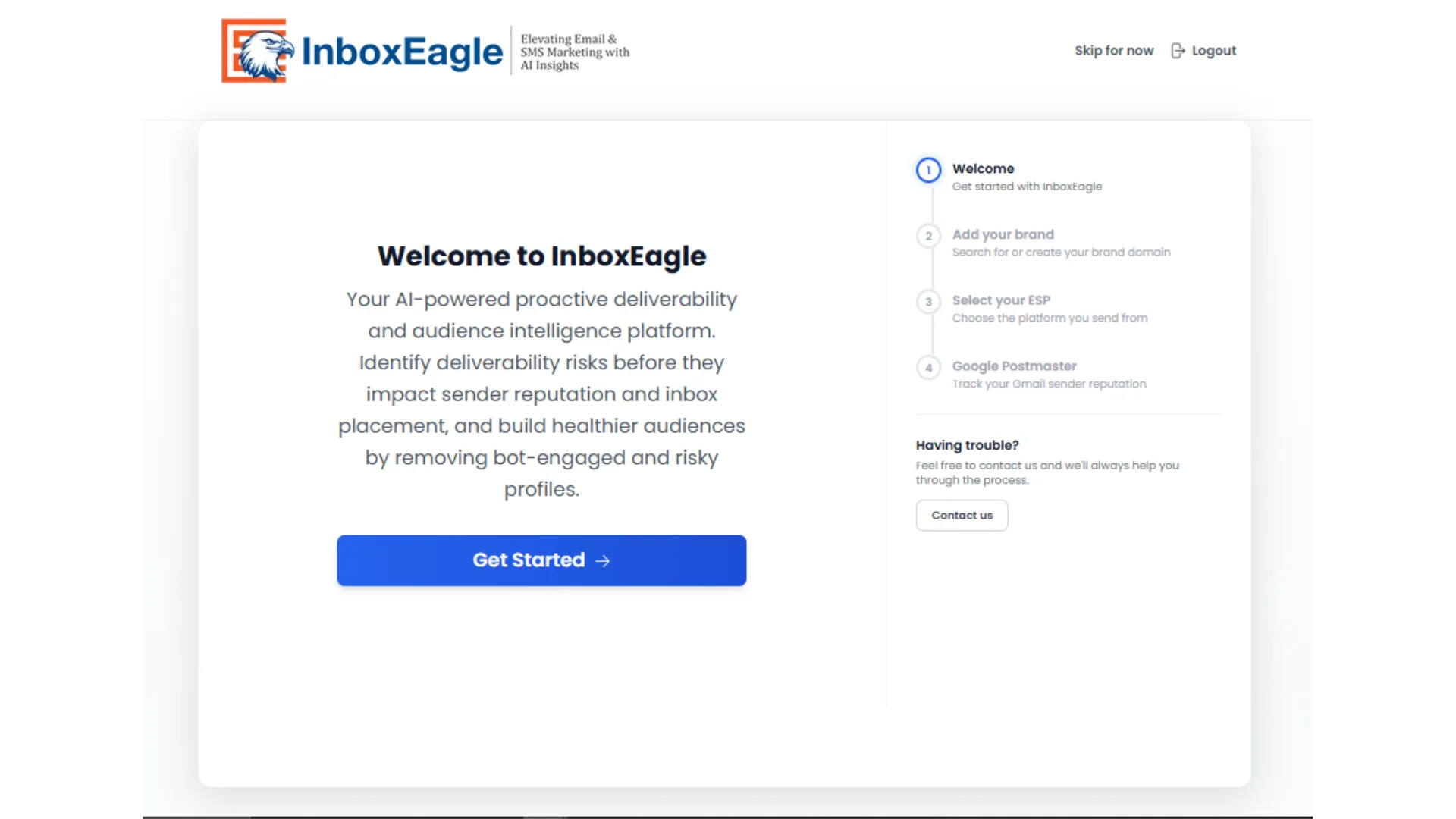 Welcome to InboxEagle onboarding screen with a Get Started button